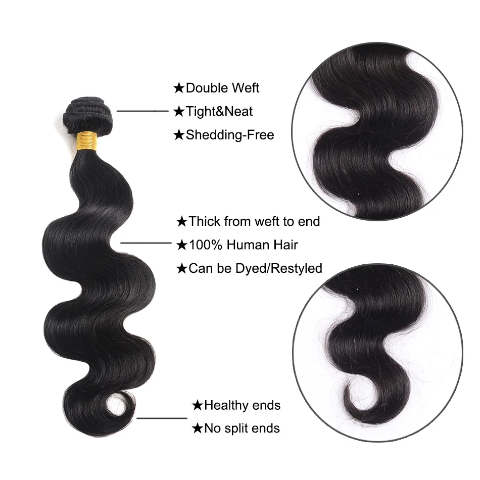 Virgin Unprocessed Body Wave Human Hair Bundles 12A Peruvian 100% Raw Human Hair Extensions 1/3 Pcs Natural Black