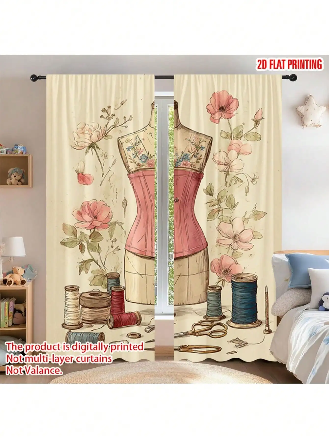 

2D Flat, 2pcs 2D Flat Vintage Dressmaker Idea Printed Curtains - Elegant Semi-Sheer Drapes For Living Room, Bedroom, Office