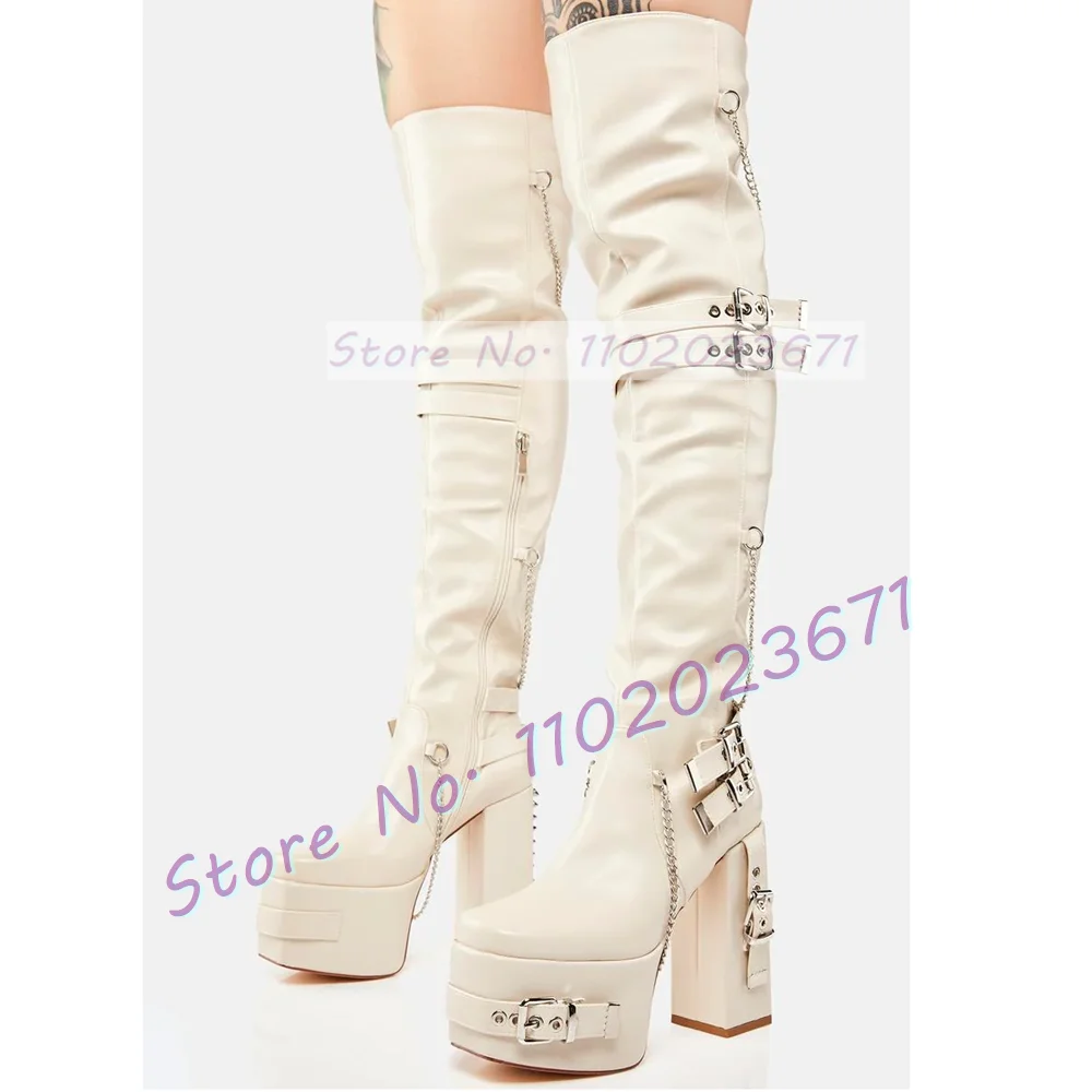 

White Platform Thigh High Boots Women Metal Rivets Buckle Strap Round Toe Punk Shoes Block Heels Chain Decor Motorcycle Boots