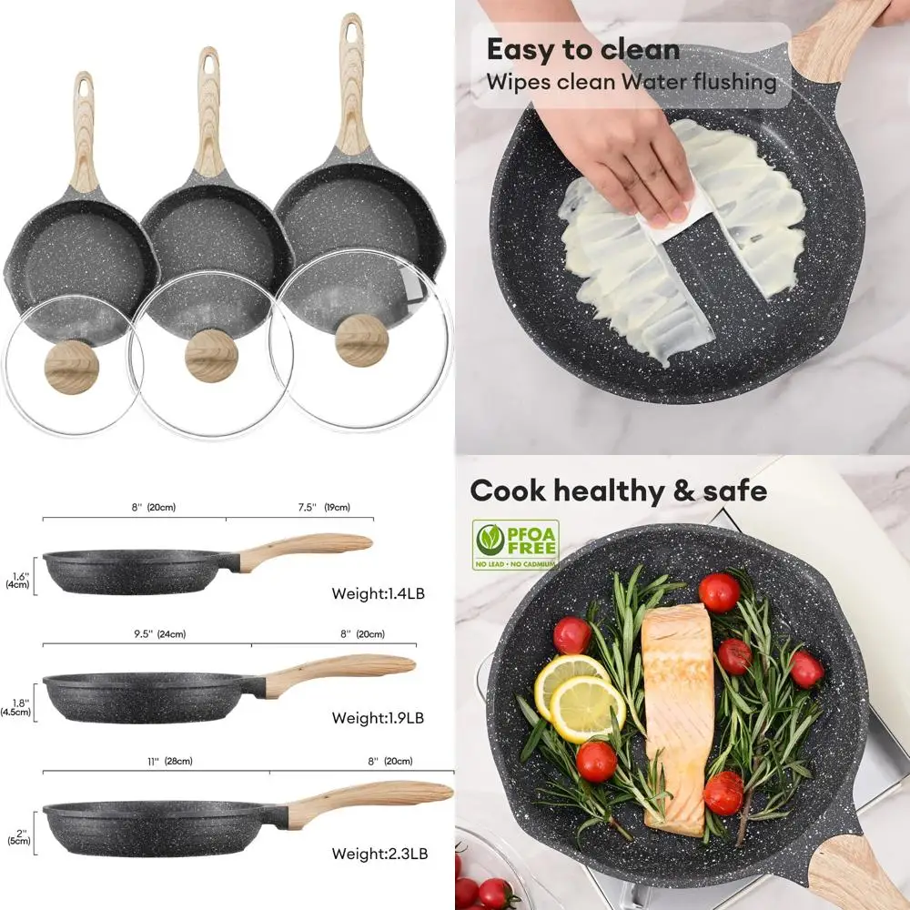 

Granite Non-Stick Frying Pan Set, 6-Piece Cookware with Lids, Including 8, 9.5, and 11-Inch Skillets, Bakelite Handled