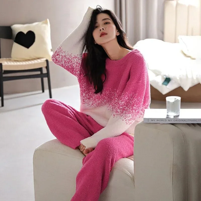 

Women Pajamas Autumn Winter Female Coral Velvet Pajamas Round Collar Warm Padded Thickened Half Velvet Homewear Two-Piece Set