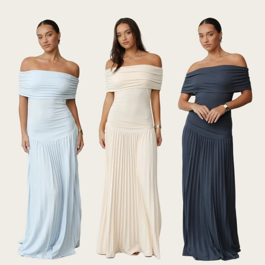 

2025 New Summer Elegant Slash Neck Pleated Dress Women Fashion Black Pleated Slim Off Shoulder Sleeveless Dress Female Solid