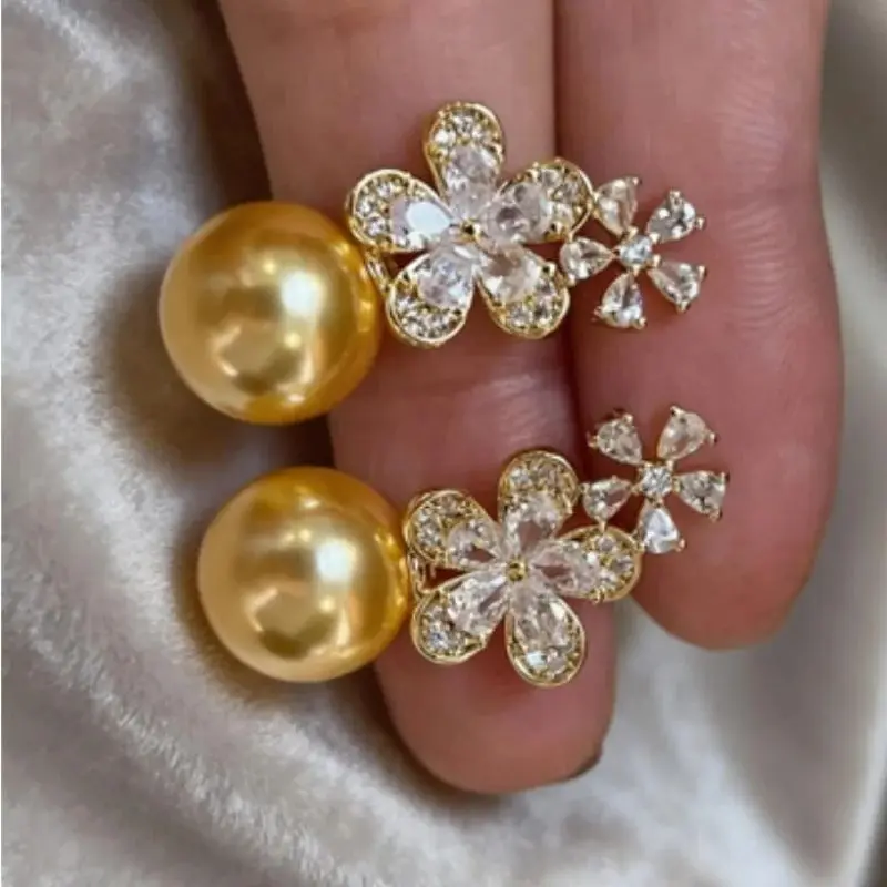 New pair of natural AAAA oversized 10-11 mm South Sea round gold pearl earrings 925s