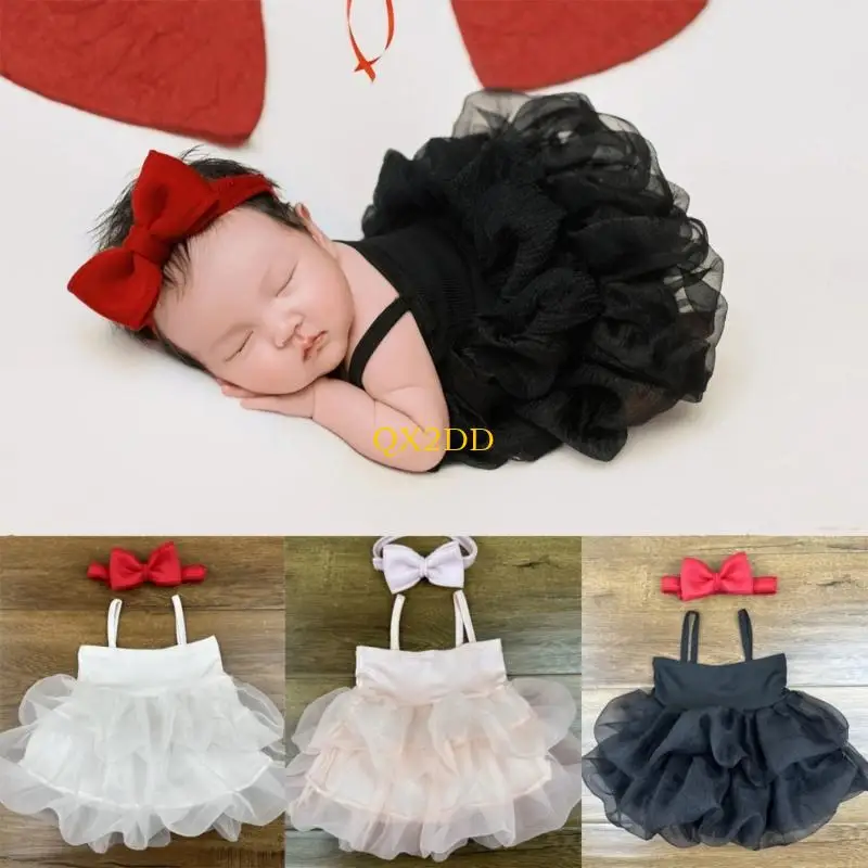 QX2D Dreamy Infant Photography Outfit Layered Tulle Skirt Comfortable Design For Newborns Studio with Headwear