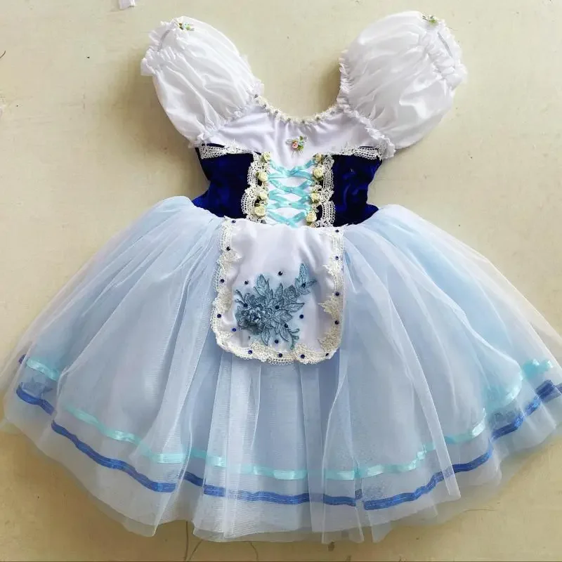 Robe de Ballet pour enfants, vêtements de danse Giselle, bleu, Costume de spectacle romantique pour filles, tenue de princesse longue en gaze