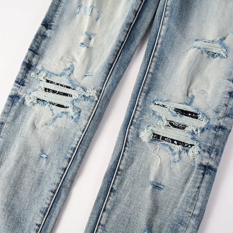 Moda uliczna Mężczyźni Jeans Wysokiej jakości Retro Blue Stretch Skinny Fit Patched Ripped Jeans Mężczyźni Marka Projektant Hip Hop Denim Pants