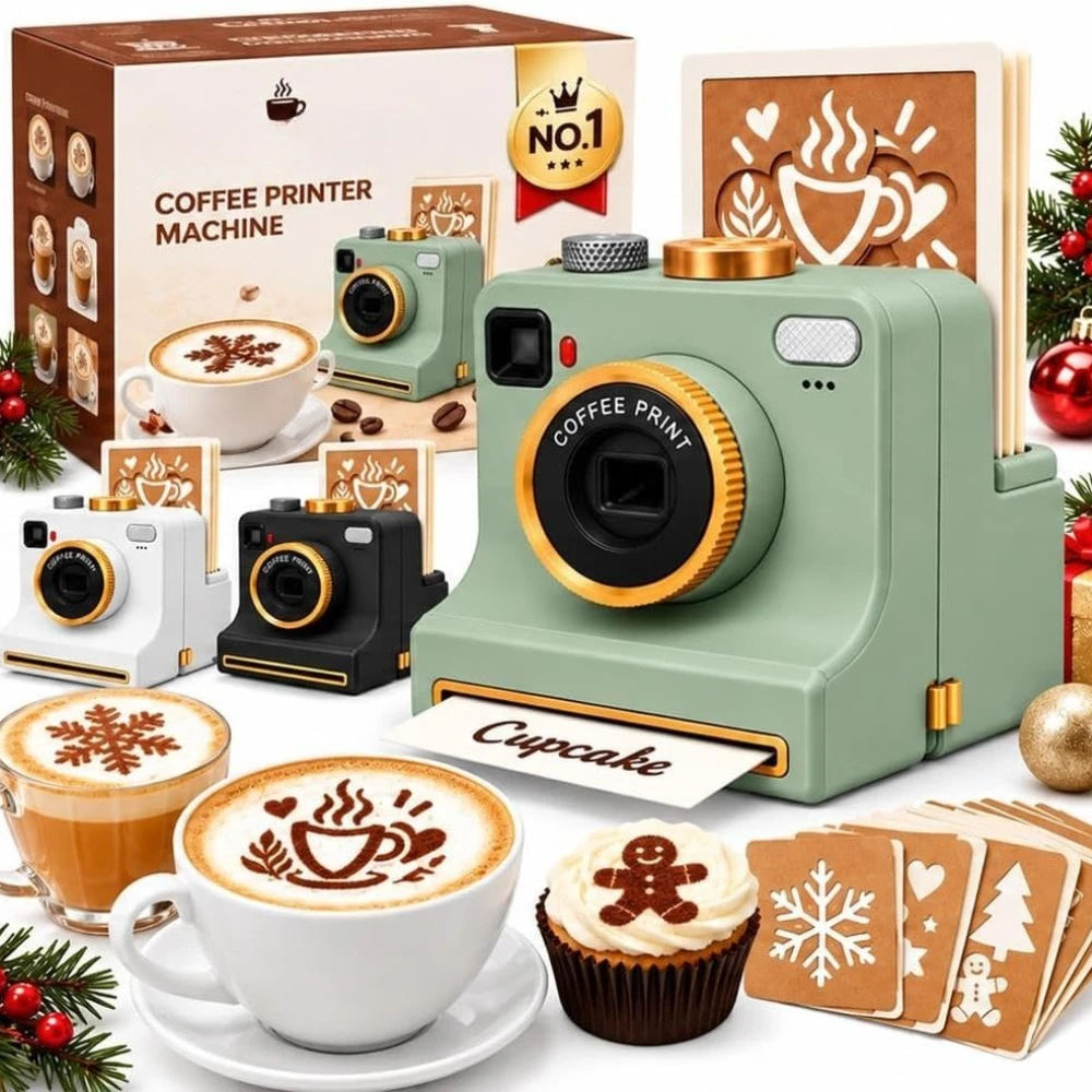 3D Printed Latte Art Camera Manual Coffee Printer with 4 Coffee Stencils Mechanical Powder Art Maker for Home Cappuccino Cocoa