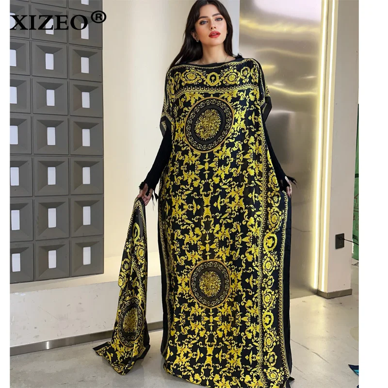 WINYI vestidos africanos musulmanes para mujer dubai abaya vestido caftán con estampado de puntos ondulados y cuello redondo, vestido largo elegante, vestido maxi