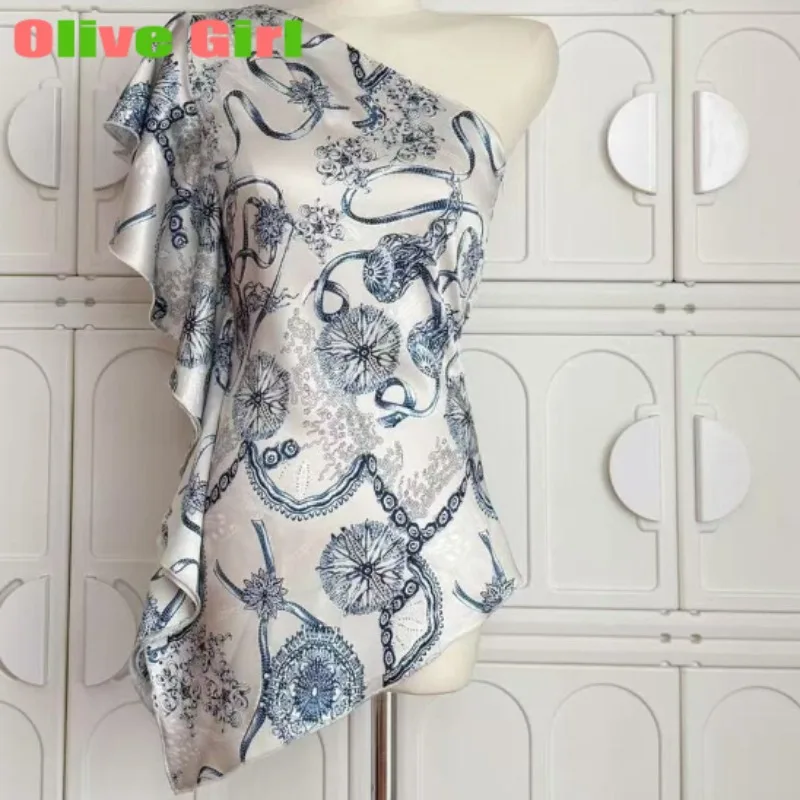 

Olive Girl Long Blouse Women's Clothing French Tanks Top High End Diagonal Shoulder Blue Printed Shirt Spring Summer Tops