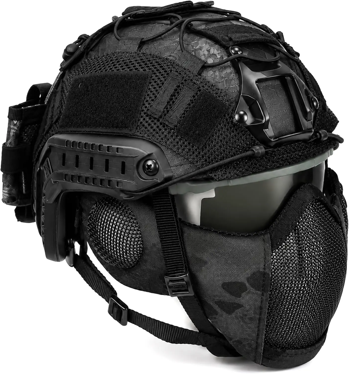 

Tactical Airsoft Helmet Set with Mesh Mask Goggles Helmet Cover Rear Battery Pouch with for Paintball Hunting Military Training