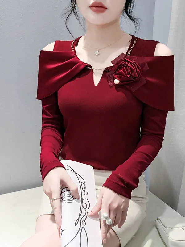 Slimming Effect round Neck Shoulder Bared Long Sleeve T-Shirt Fashionable Autumn Winter New Style Korean Version Cotton Basic...