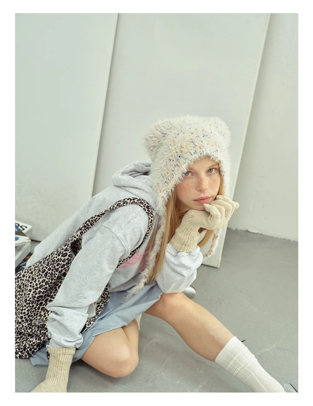 قبعة نسائية شتوية بألوان الدوبامين - قبعة بولكا دوت برباط على شكل دب لطيفة قابلة للسحب، قبعة دافئة للطقس البارد