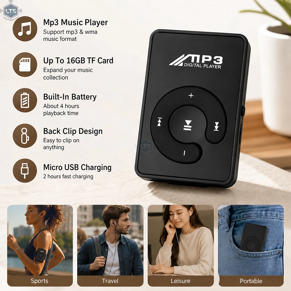 Portable C Key HiFi Mini Clip USB MP3 Player Walkman Music Support Micro TF Card Expandable Up To 16GB Outdoor Sports Walkman