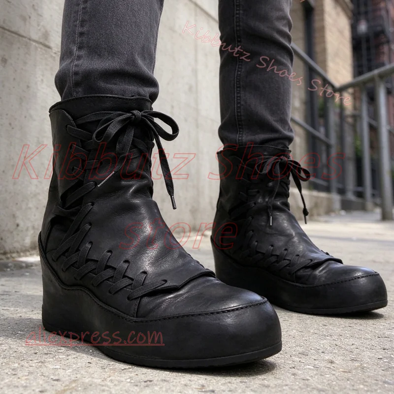 Wedge Heel Lace Up Ankle Boot Strap Round Toe Vintage Leather Avant Garde Grunge Gothic Streetwear Shoes Solid Color Fashion New
