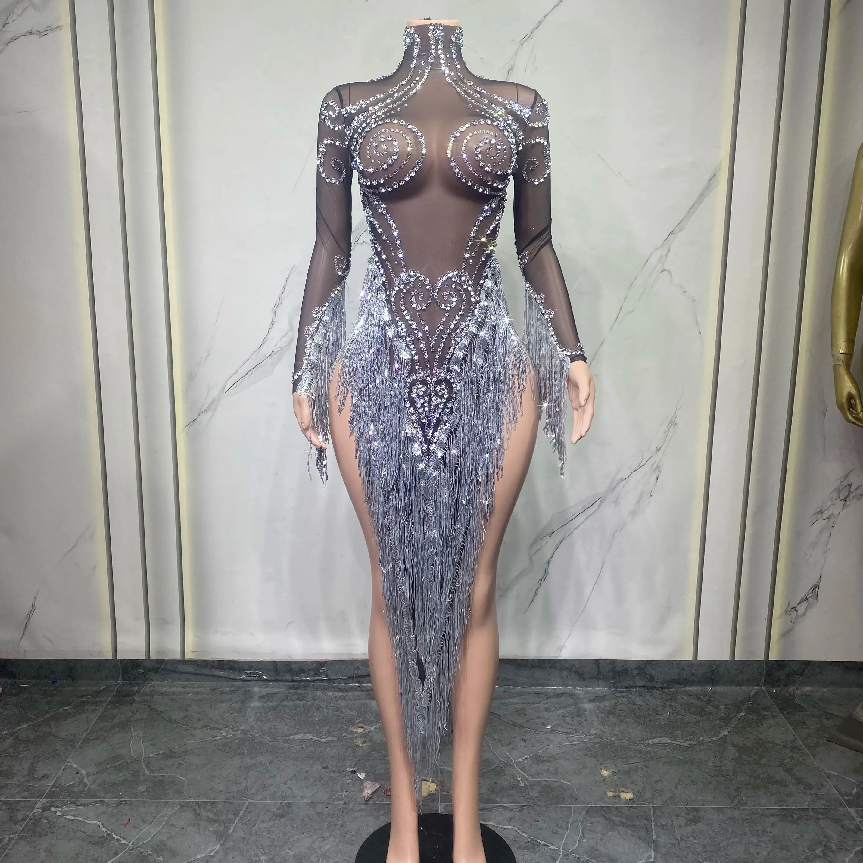 

Black Mesh Skirt with Spiral Diamond Flower Tassel Long Skirt Elastic See-through Gown for Women Elegant Evening Wear