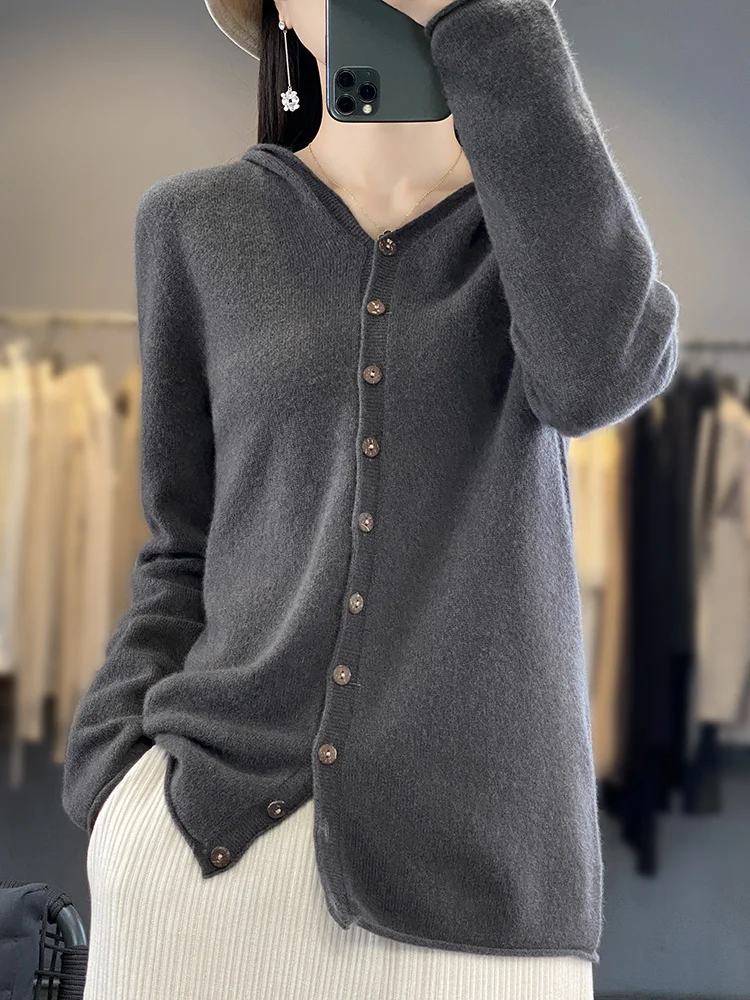 Felpe con cappuccio da donna 100% lana Merino maglione solido manica lunga Casual Cardigan allentato maglieria in Cashmere moda coreana nuovi top in maglia