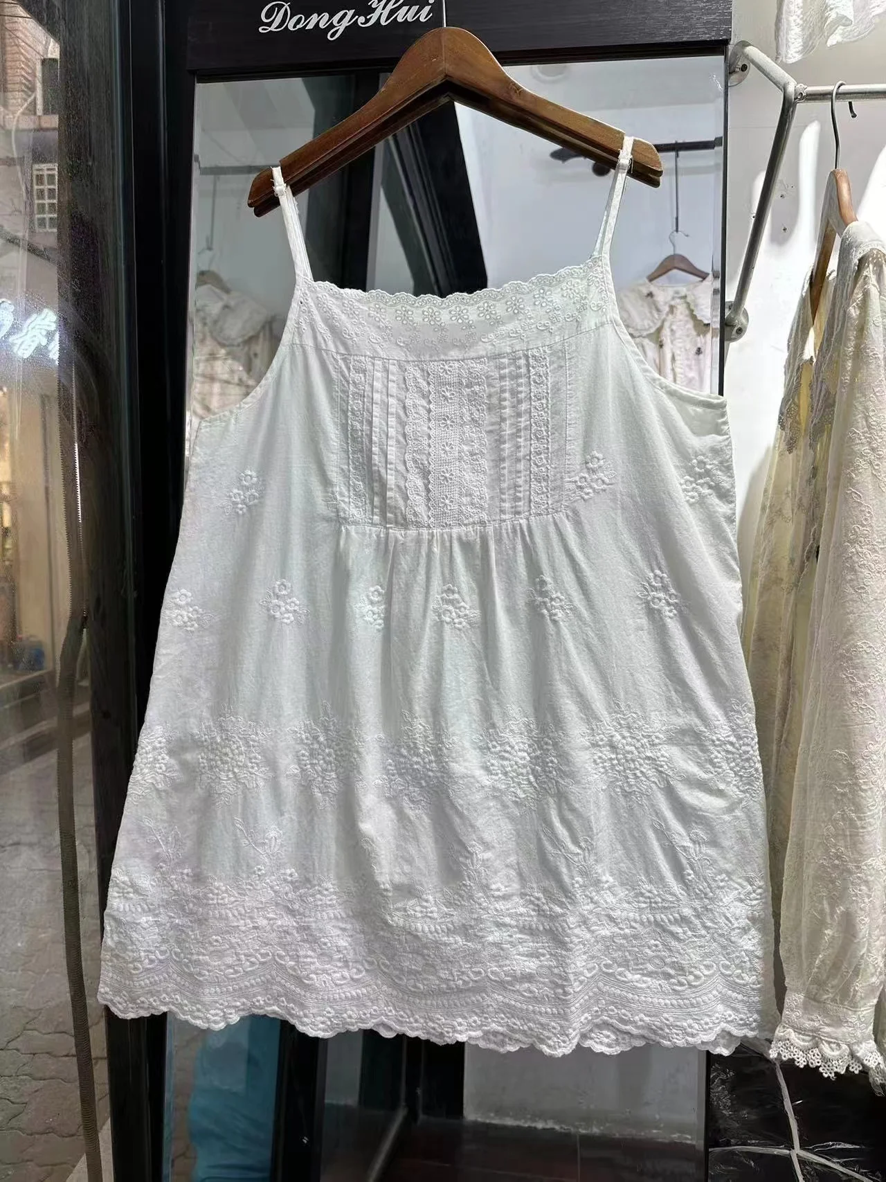 100% Cotton thin embroidery hollow out mid-length white black beige slip dress mori girl Japan style sweet petticoat dress