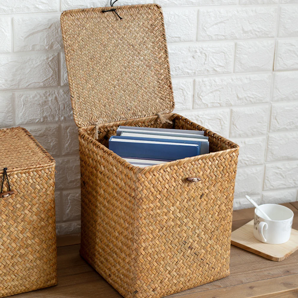 Picnic Basket Large Storage with Lid Woven Baskets Gift Case Bins Wicker Rattan Vintage Cattail Grass Straw Retro Handwoven