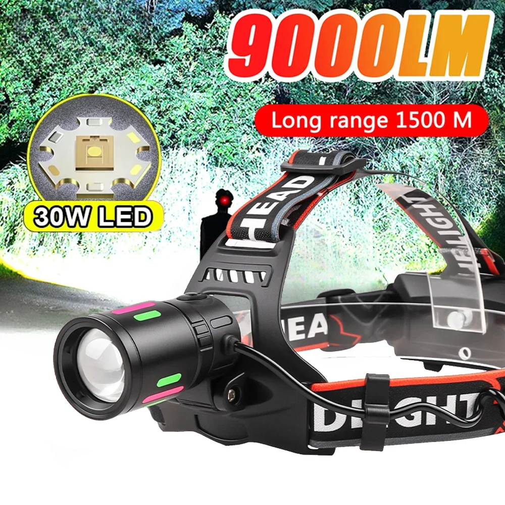 30W White Laser Powerful LED Headlamp Zoom 18650 Type-C Rechargeable Headlight Waterproof Head Torch Fishing Flashlight Lantern