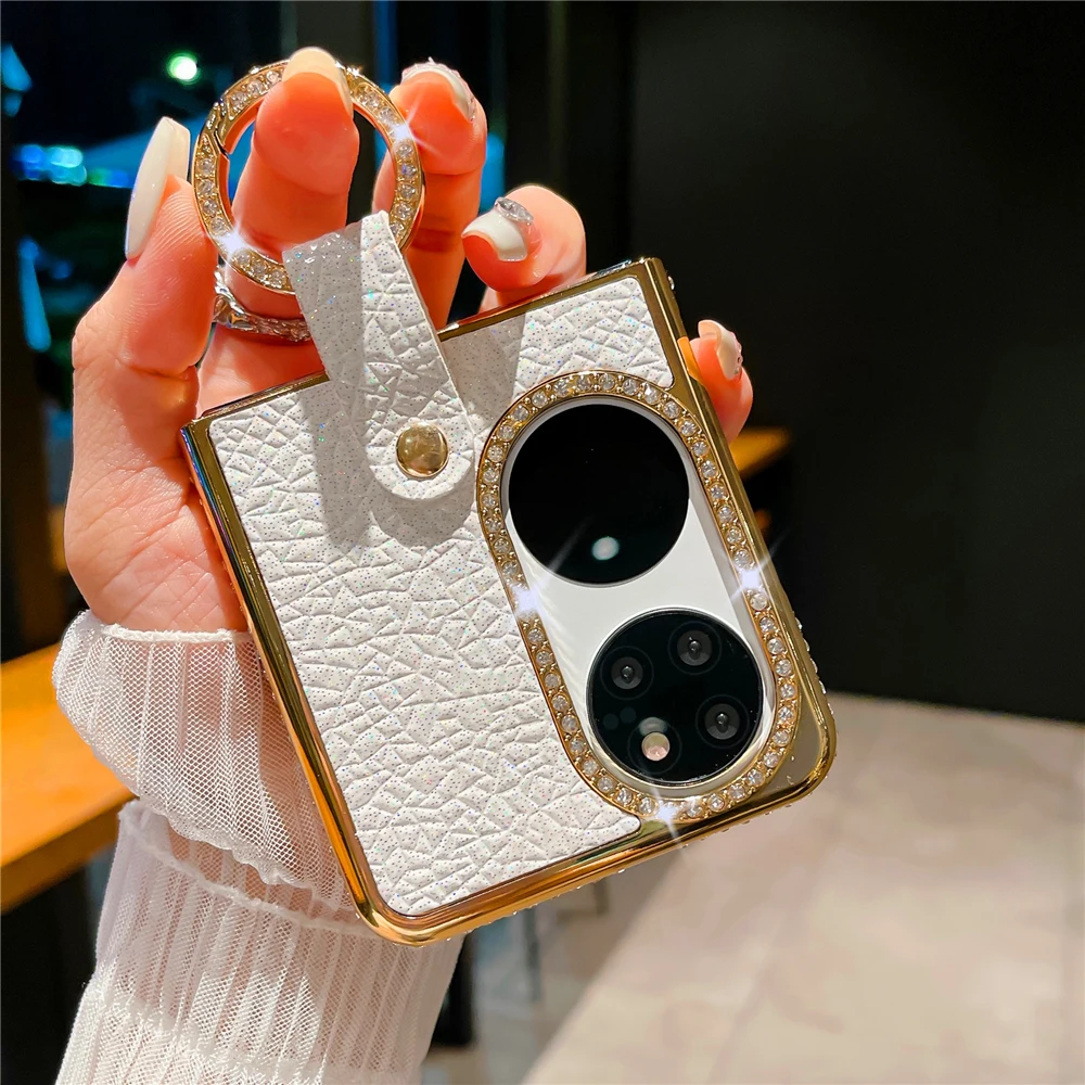 Fashion Woman Glitter Leather Case for Huawei P50 Pocket Case Luxury Plating Gold Bling Diamond Ring Hard Phone Cover Cases image 2