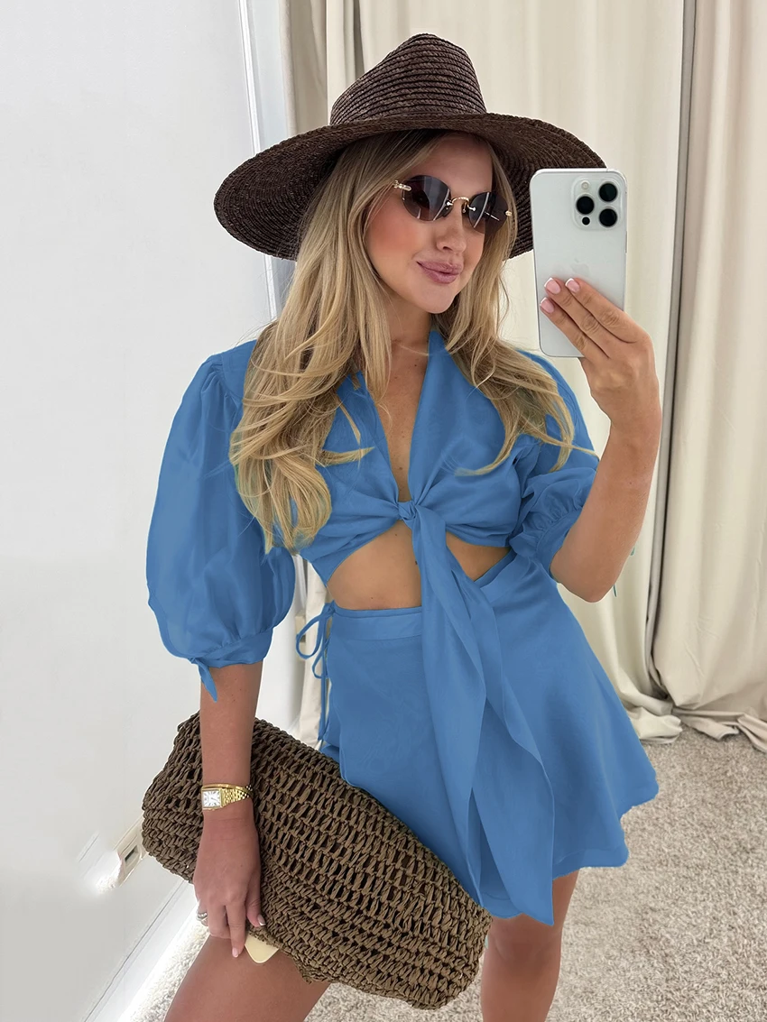 

Marthaqiqi Summer Female Nightgown Suit Sexy V-Neck Pajamas Lace Up Nightie Crop Top Sleepwear Skirts Casual Women Nightwear Set