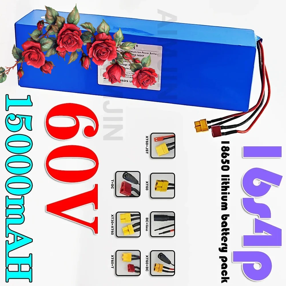 16s4p Battery Pack 60V Battery 15000mAh 18650 Lithium with BMS for Motorcycle, Scooter, Bicycle 2000W Motor