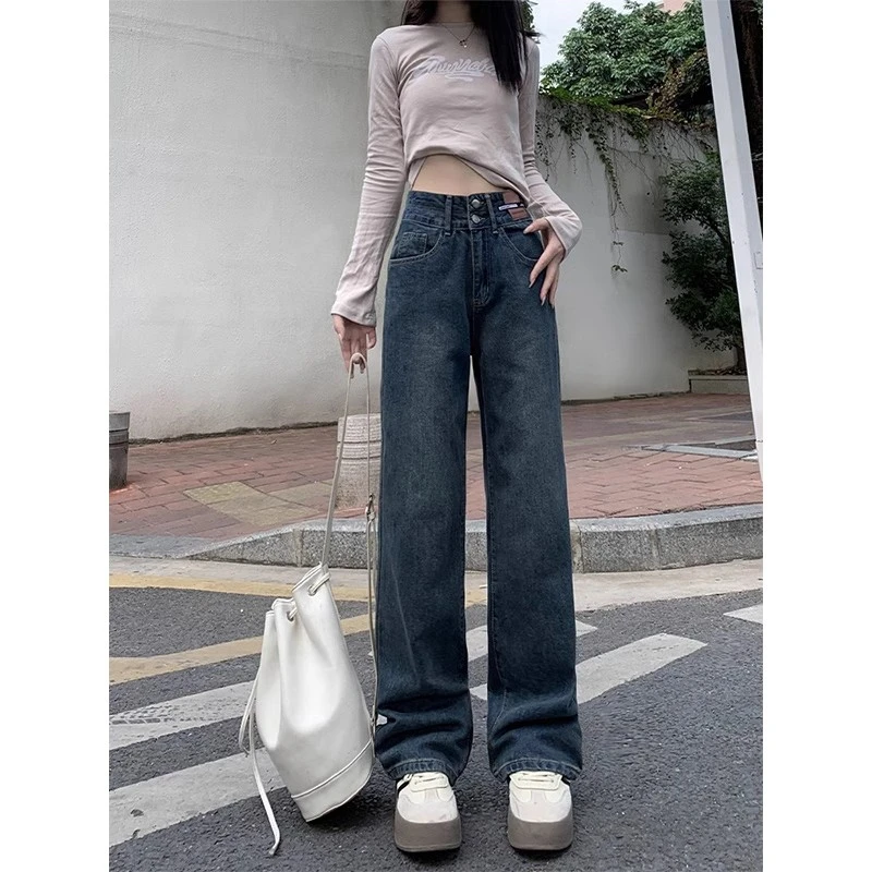 

Cement grey high-waisted straight jeans female new small people loose thin narrow version of the wide-legged drag trousers tide