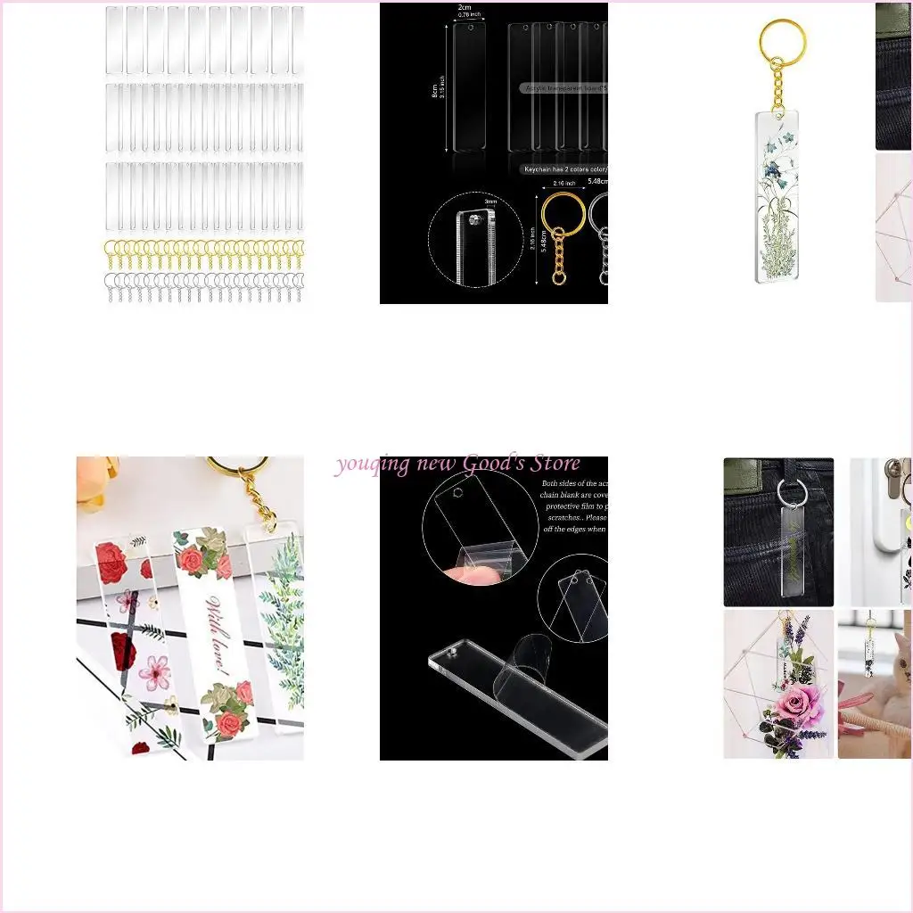 

57QA 50 шт. акриловые заготовки для ключей с кольцами, прозрачные для брелоков, прямоугольные акриловые заготовки для рукоделия