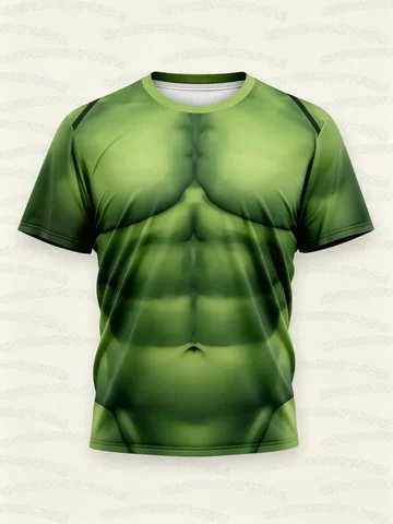 Summer Muscle Green Print Short Sleeve T-Shirt Men's Women's Round Neck Cosplay T-shirt Casual Gym Prank Muscle Show T-shirt