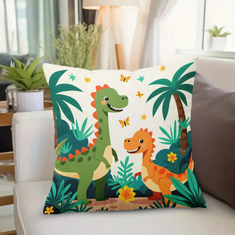 Dinosaur Pillow Cover Green Orange T-Rex Stegosaurus Cushion Case Polyester Zipper 16x16 Inch Square Kids Room Living Room Patio