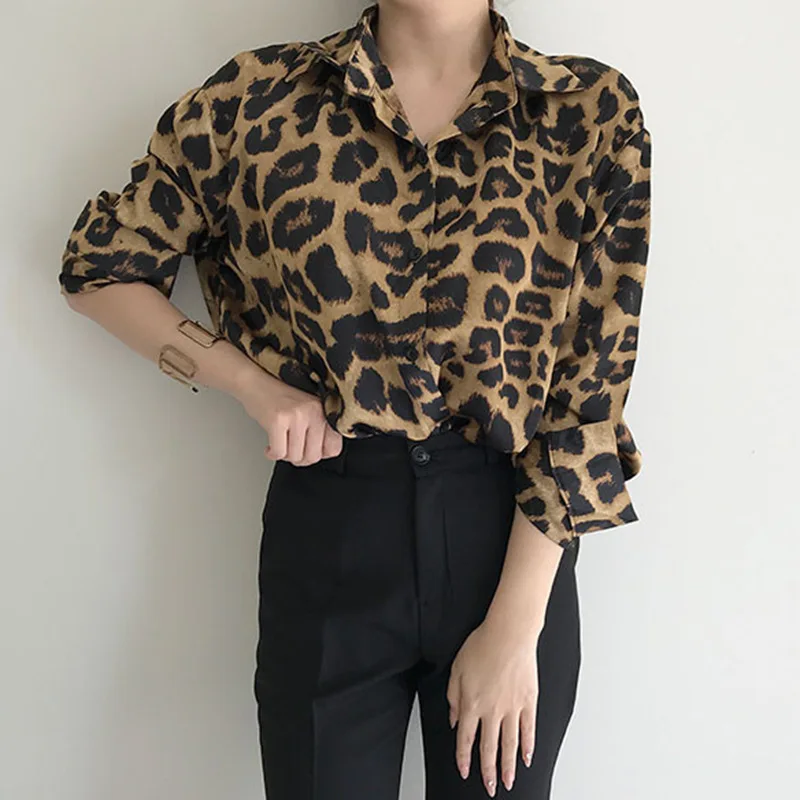 Women Shirt Leopard Print Blouses Vintage Full Sleeve Casual Loose Tops Shirts Work Y2k Streetwear Elegant Splice Blouse