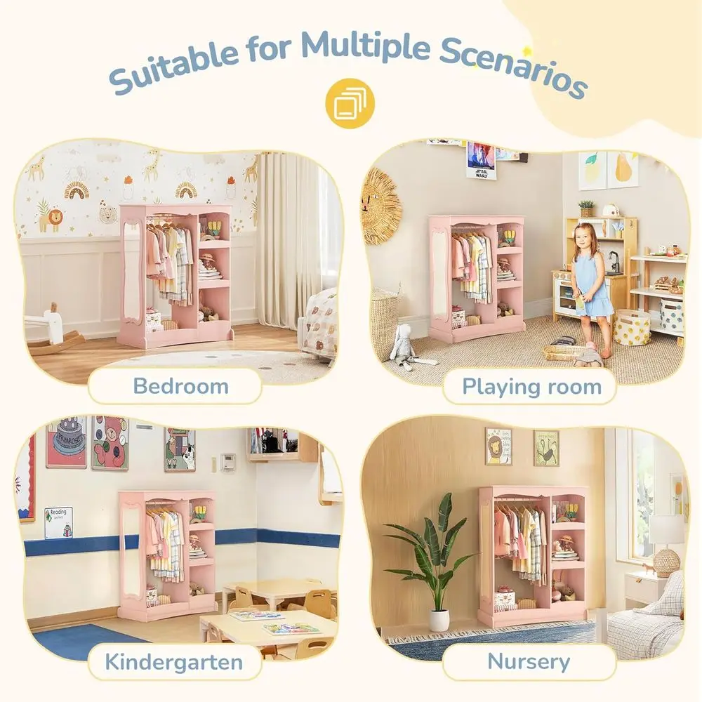 子供用ドレスアップ収納、フラワーミラー付き、子供用オープンハンギングクローゼットワードローブ、子供用アールモワール＆コスチュームオーガナイザー（寝室用）