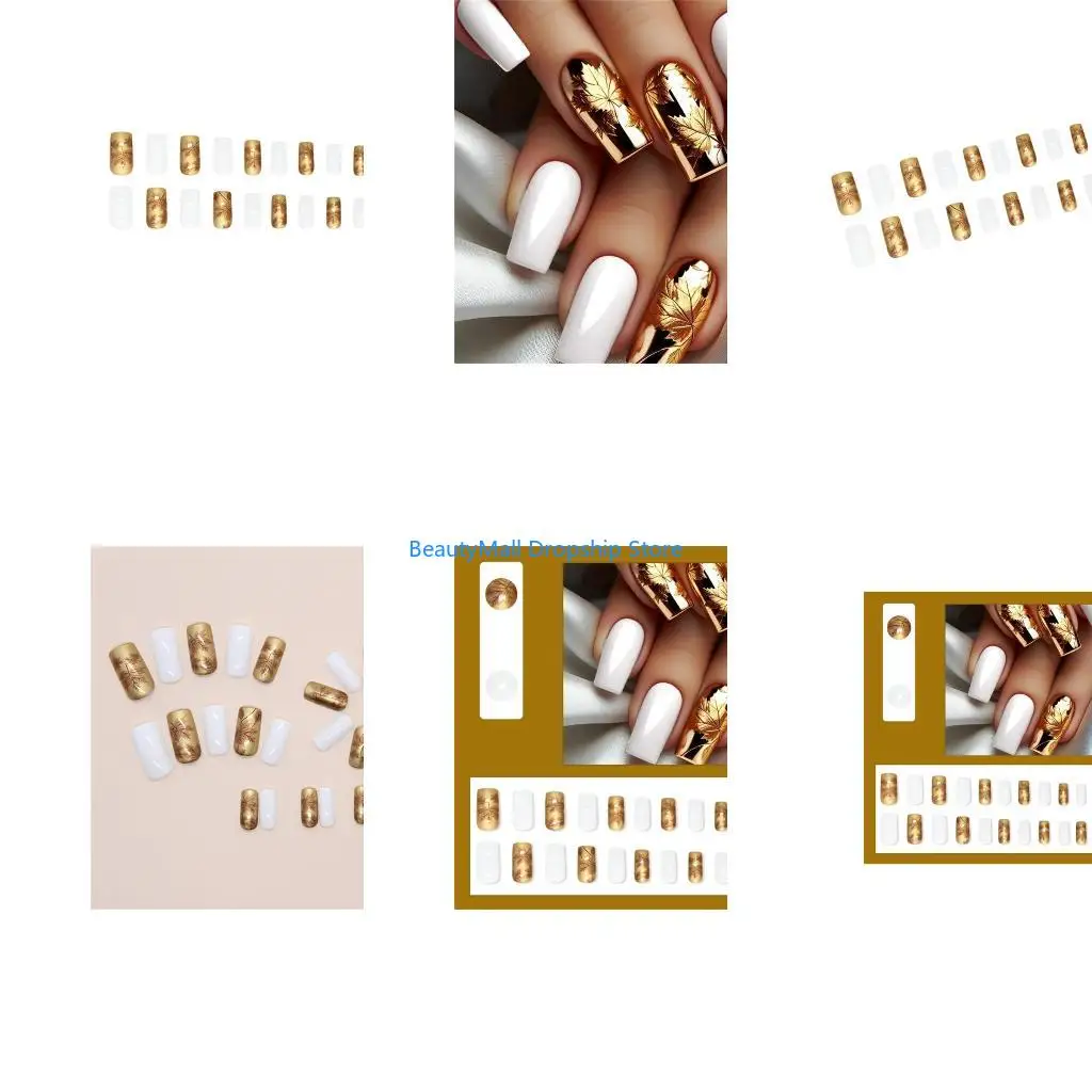 40JD 24 Pieces Autumn Themed Press On Gold and White Glossy Maple Leaves