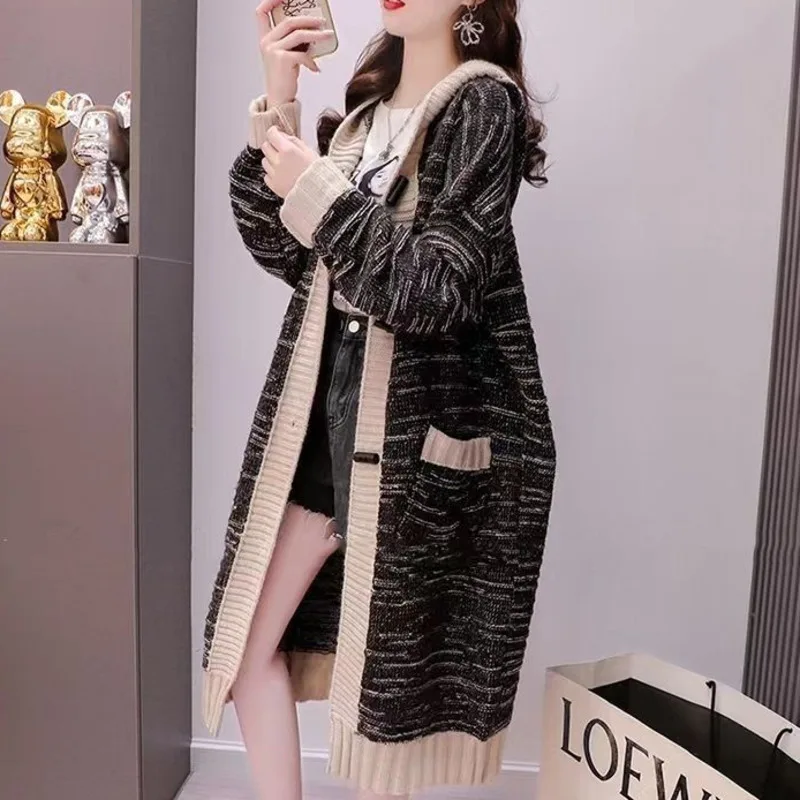 

#4048 Hooded Cardigan Coat Women Loose Vintage Long Sweater Coat Ladies Split Joint Knitted Cardigan Bat Sleeve Autumn Winter