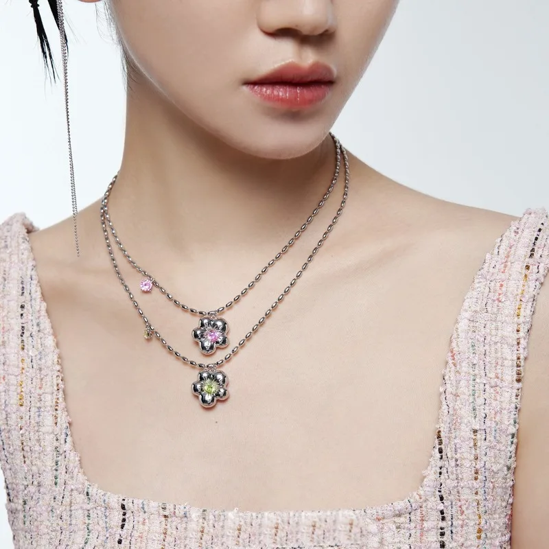 Original Silver 925 Fashion glossy Swinging Flower Necklaces  Green Pink Crystal Inlay refreshing High quality collar Jewelry