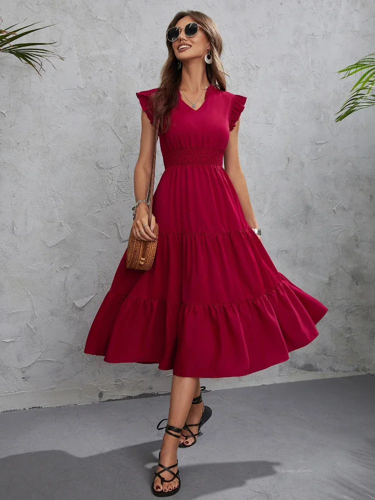 

2024 Flying Sleeve A-line Cake Skirt Summer Trendy Women Dress V-Neck Elastic Waist Pleated Splicing Design Female Long Dresses