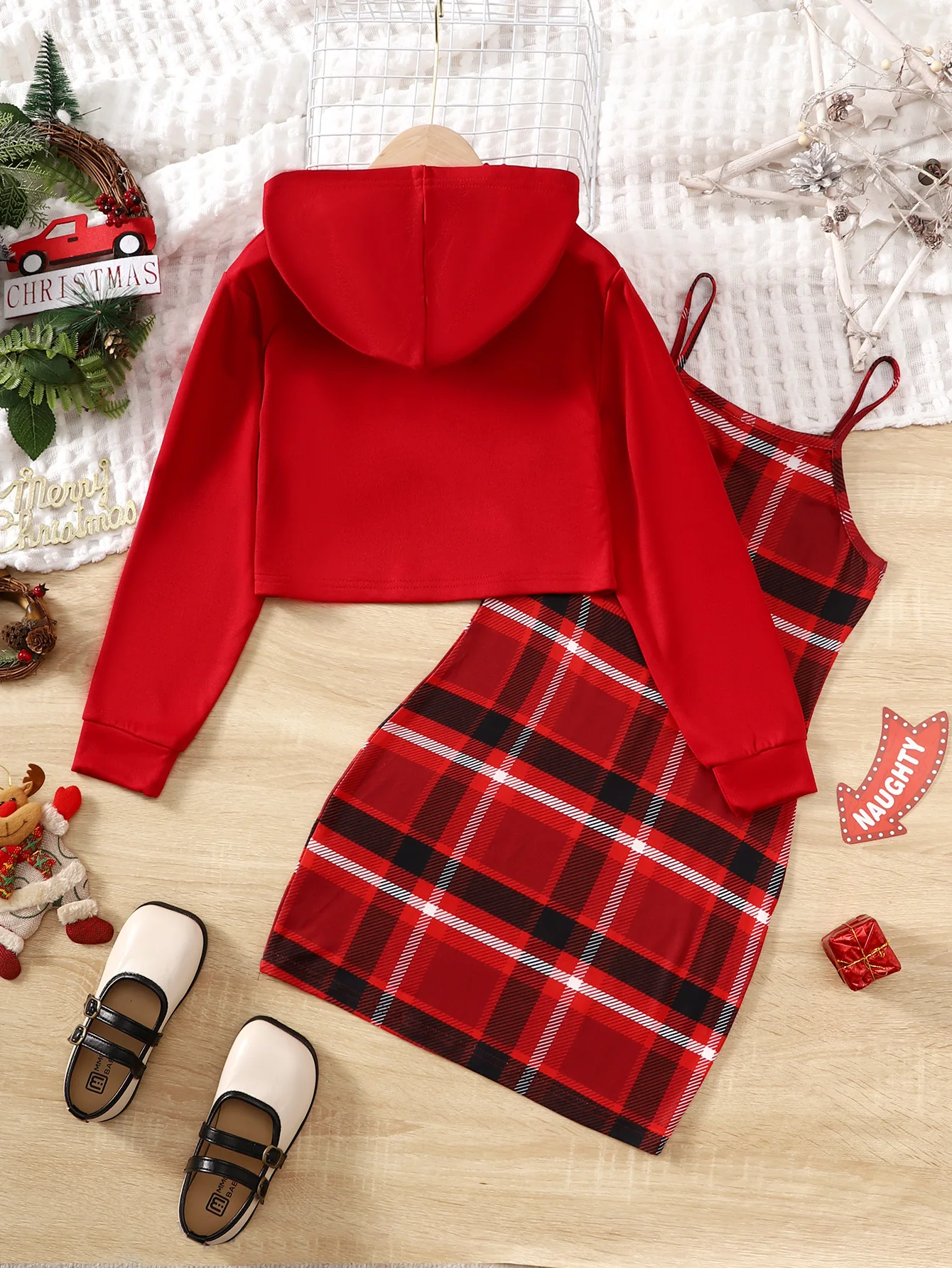 Girl's Spring and Autumn Letter Pattern Short Hoodie+Checkered suspender Dress Set of Two Suitable for 8-14Y Children