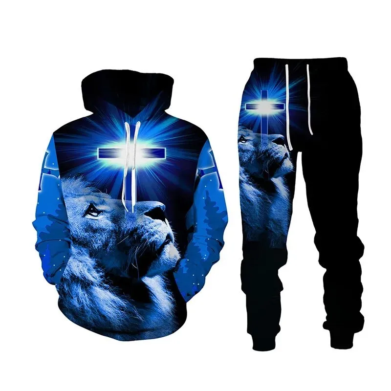 2023 Autumn New Lion Hoodie 3D Printing Men\'s Sportswear Sweatpants 2PK Set Men Sweatshirt Pullover Fashion Men\'s clothing Suit