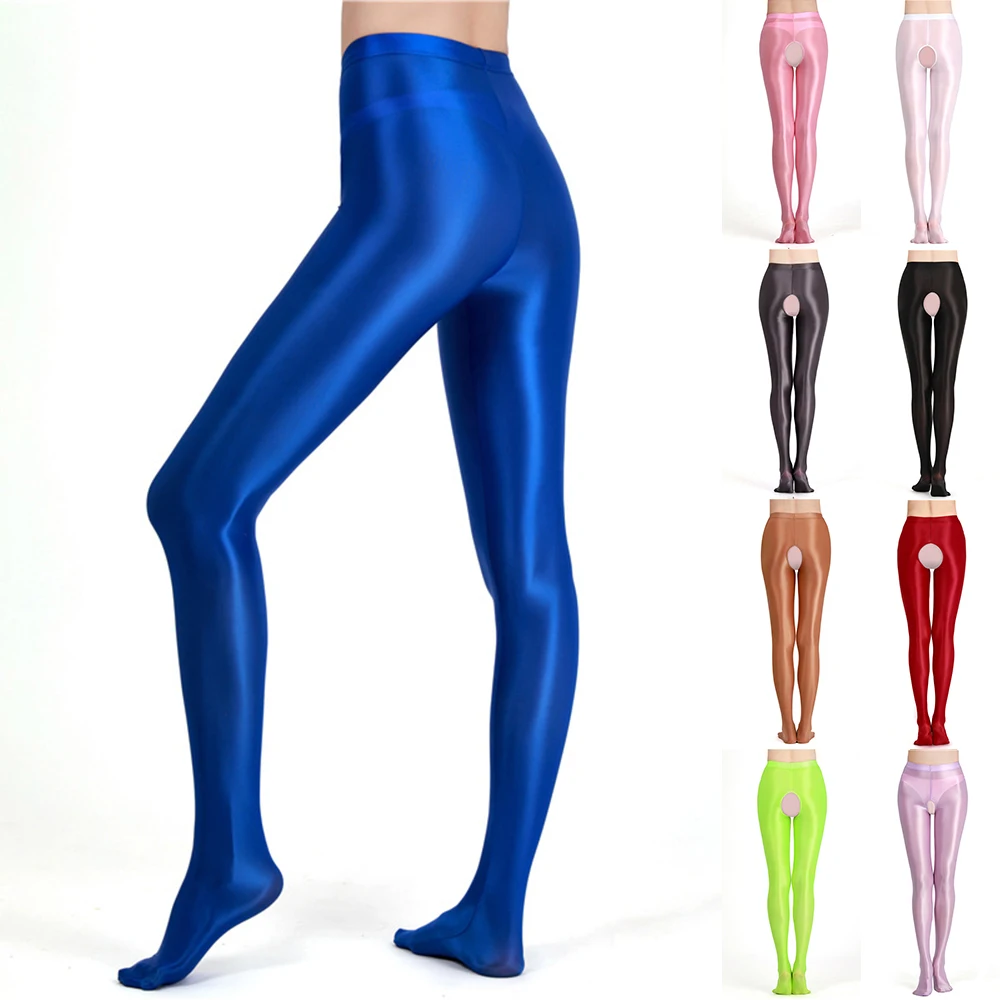 Women Mens Glossy Crotchless Pantyhose Stockings Stain Stretchy Dance Lingerie Oil Shiny Open-Crotch Stocking Smoothly Tights