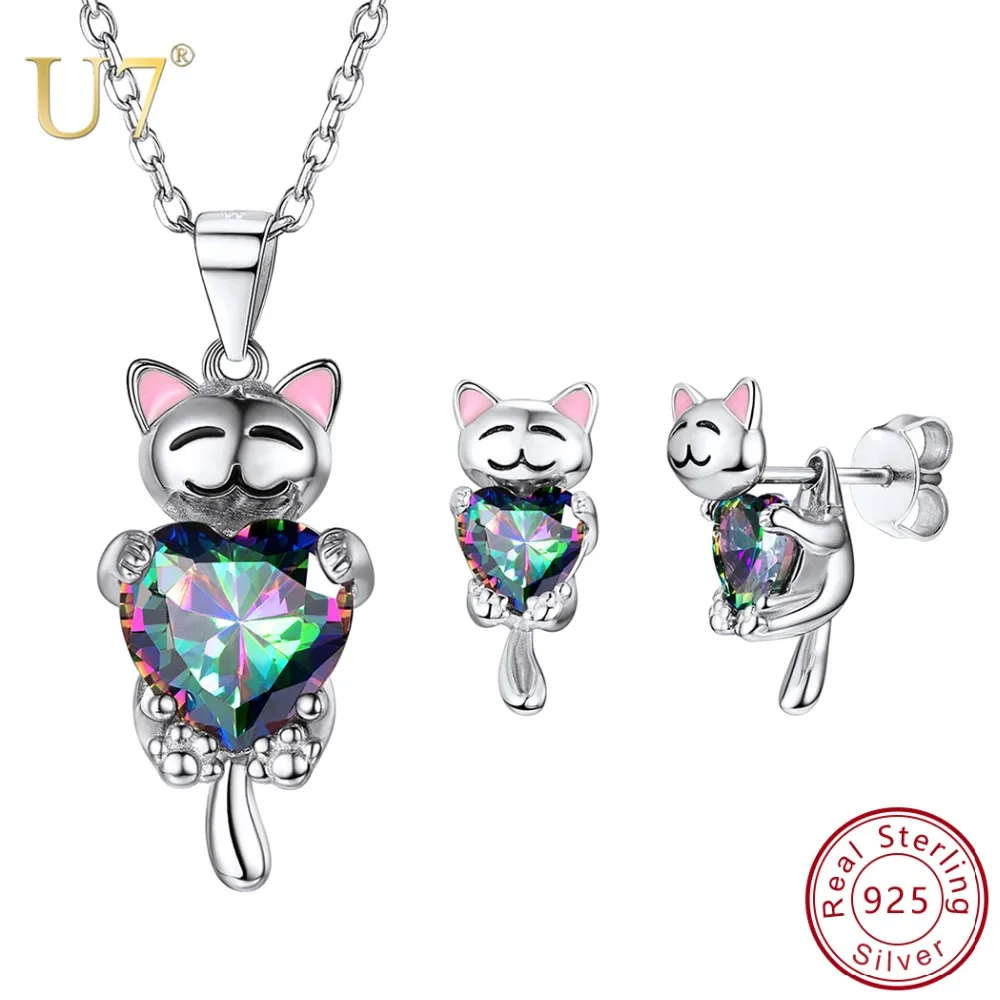 

U7 925 Sterling Silver Cute Animal Cat Jewelry Set for Women Bridal Wedding Necklace Earrings Set Valentine's Mother's Day Gift