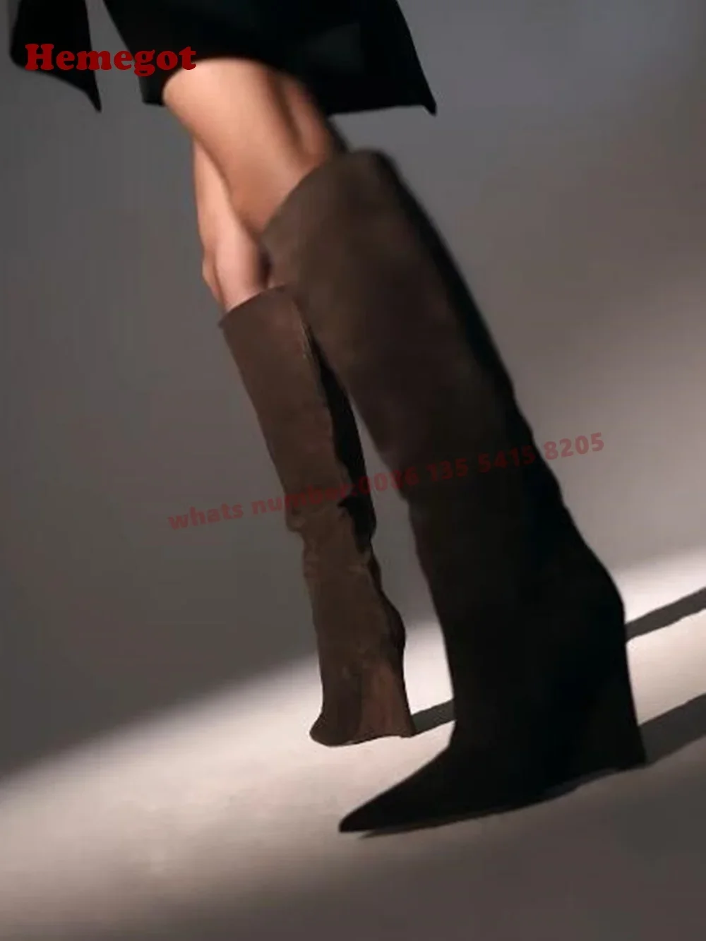 Brown Suede Wedges Knee High Boots 2025 New Pointy Toe High Heels Slip On Women\'s Long Boots Solid Casual Warm Shoes Luxury Sexy