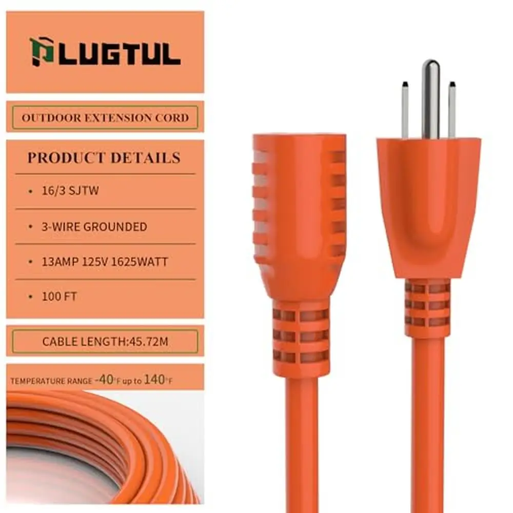 100FT Outdoor Extension Cord Heavy Duty Waterproof 16/3 Gauge 3 Prong ETL Listed Perfect Garden Equipment and Power Tools