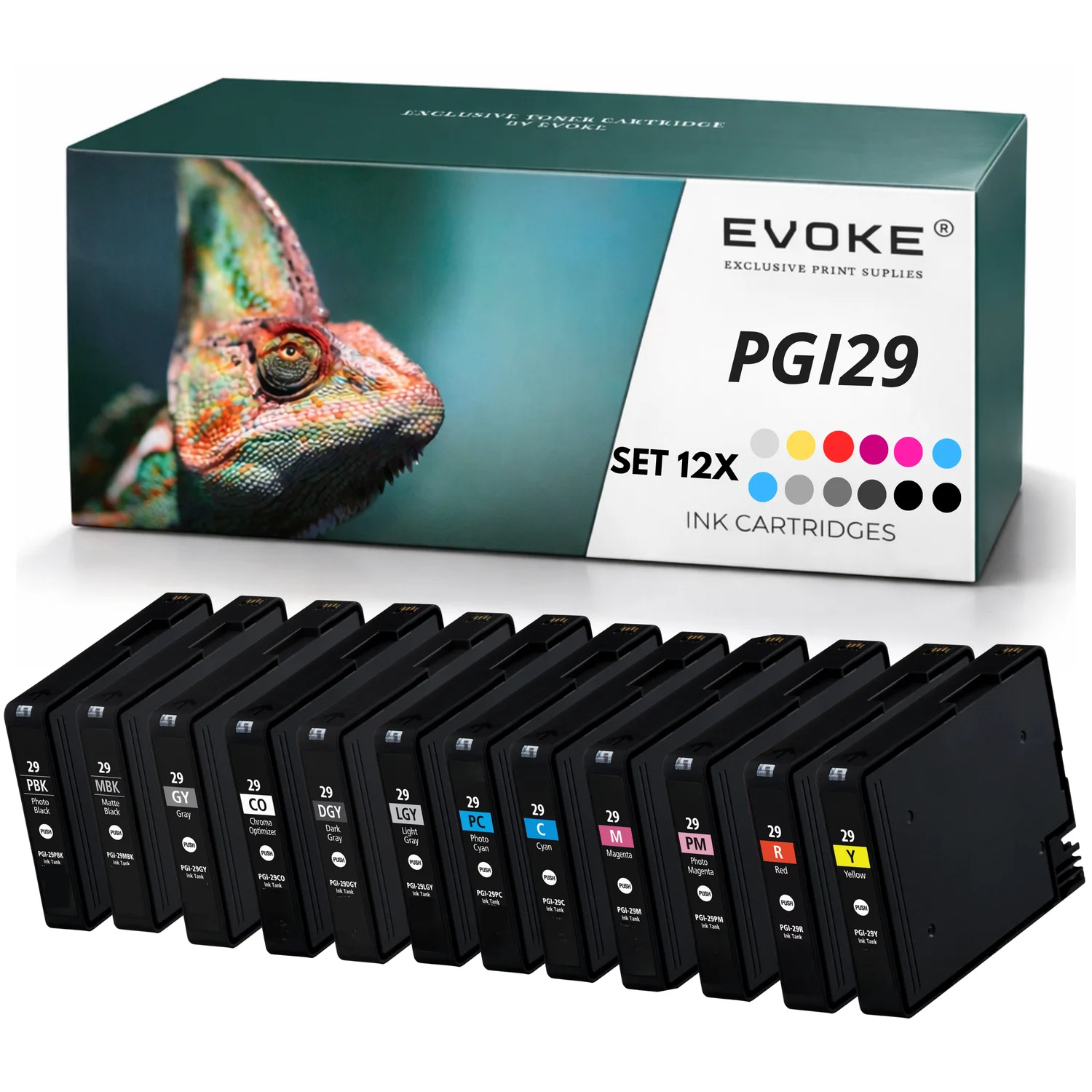 Evoke Compatibele Inkt voor Canon Pgi-29 Pgi29 12X Foto: Matzwart, Fotzwart, Cyaan, Magenta, Geel, Foto Cyaan, Foto Magenta, Grijs, Lichtgrijs, Donkergrijs, Rood, Gloss Optimizer 456 ml Pixma Pro-1