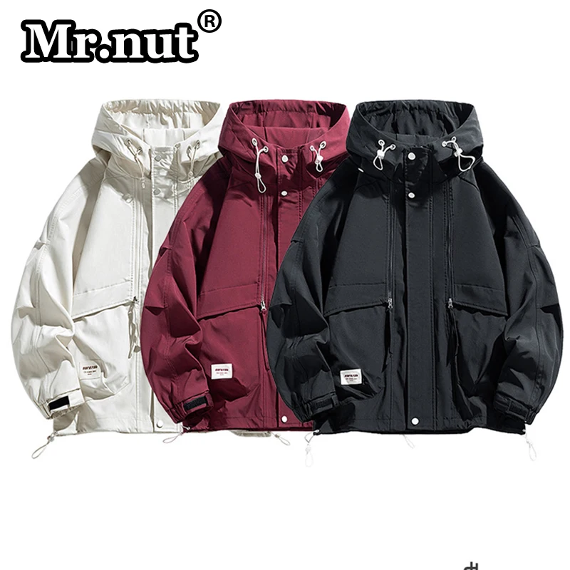 

Mr.nut Camping Outdoor Jackets Men Clothing Popular Solid Color Tops Waterproof Windbreak Jacket Loose Oversize Hooded Male Coat