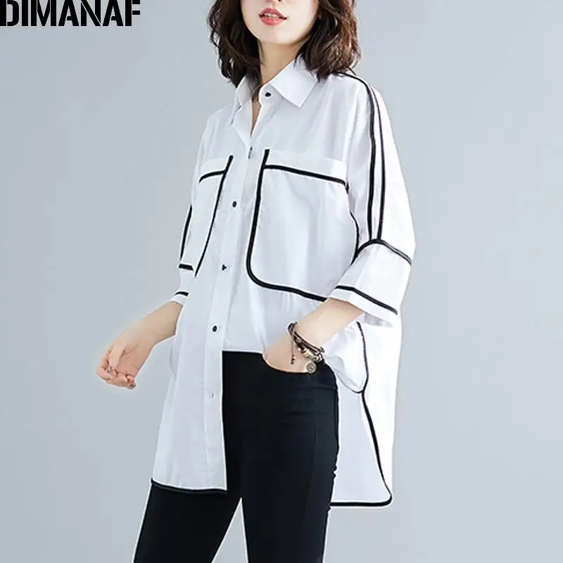 Dimanaf Plus Size Women Blouse Shirts Summer Office Lady Tops Tunic Big Size Cotton Loose Casual Spliced Female Clothes 2021 NEW