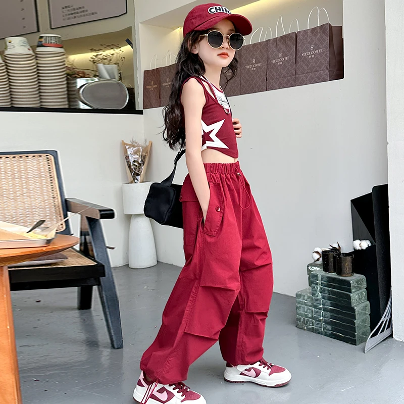 Hip Hop Teens Girls Clothing Vest + Wide Leg Cargo Pants Suit Sets for Girl\'s Clothes Summer Fashion Design Baby Girls Clothing