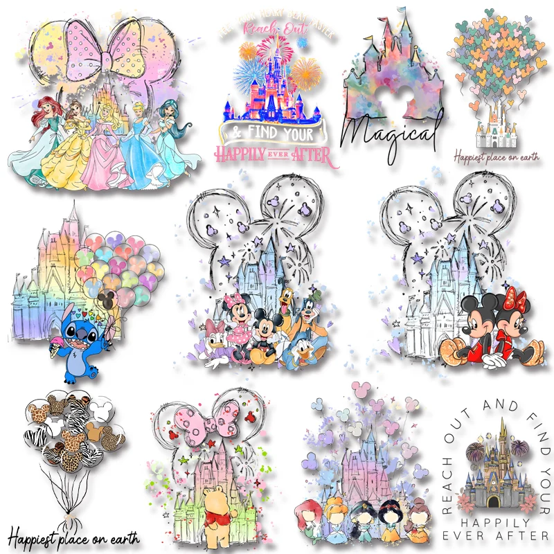 Splash Watercolor Castle Mickey Minnie Winnie Balloon Letter Iron On Transfer Character Patch for Clothing Applique Decor