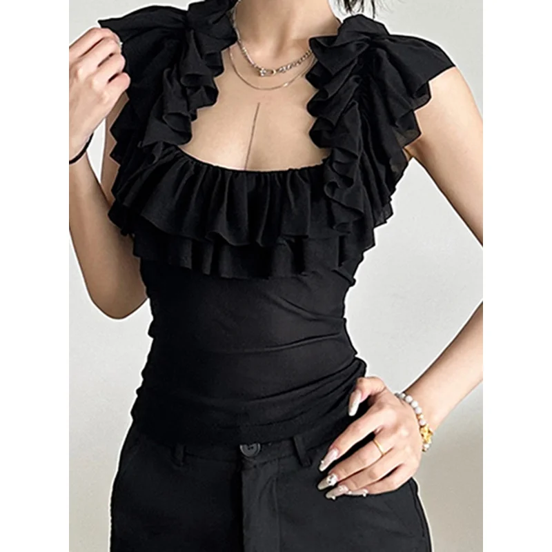 Women's Summer Tank Tops Slim Fit Stylish Sheer See Through Ruffled Scoop Neck Sleeveless T-Shirt, Stylish Tops view 2