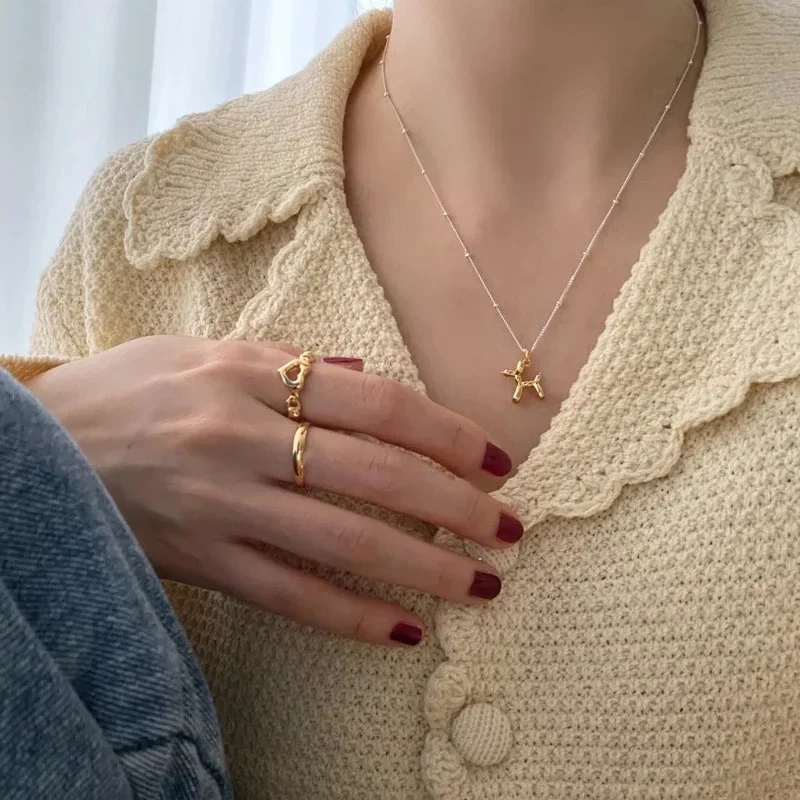 Minar Cute Lovely Gold Color Balloon Dog Pendant Necklaces for Women Personality Round Beads Metallic Choker Necklace Jewelry