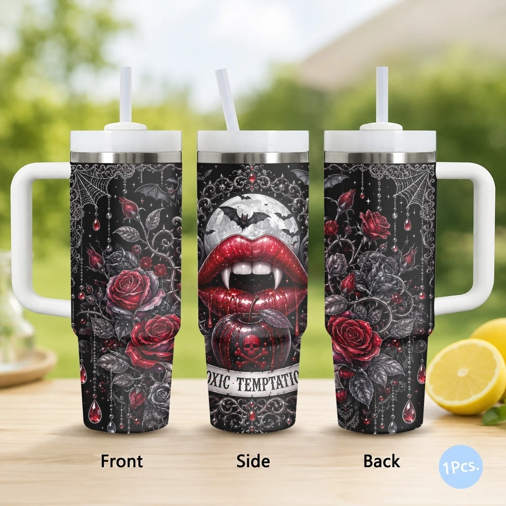 Gothic Vampire Red Lips Pattern Vacuum Flasks 40oz Stainless Steel Insulated Tumbler with Handle & Straw Leakproof Travel Mug